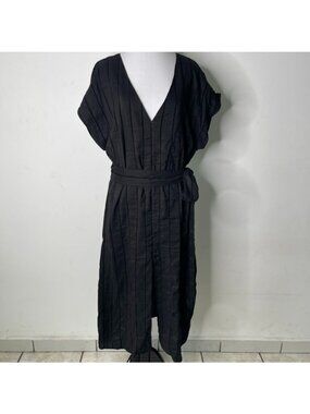 Third Form Black Pleated Midi Dress Womens Size L Large Belted V-Neck Casual